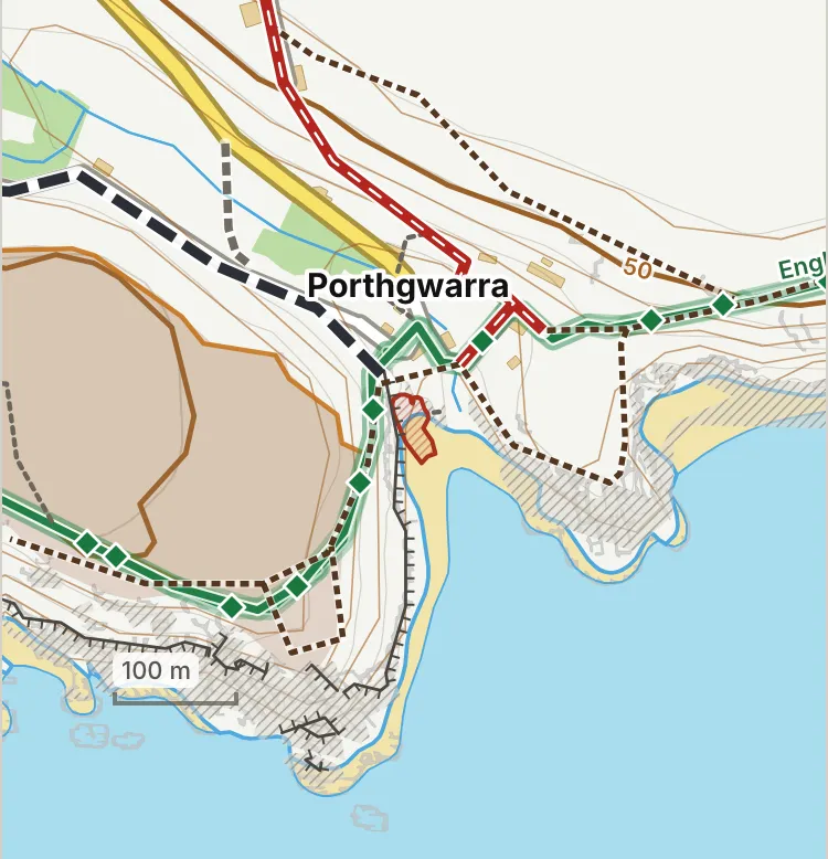 Map of Porthgwarra Beach: the stretch where dogs are banned 1 July to 31 August is hatched in brick.