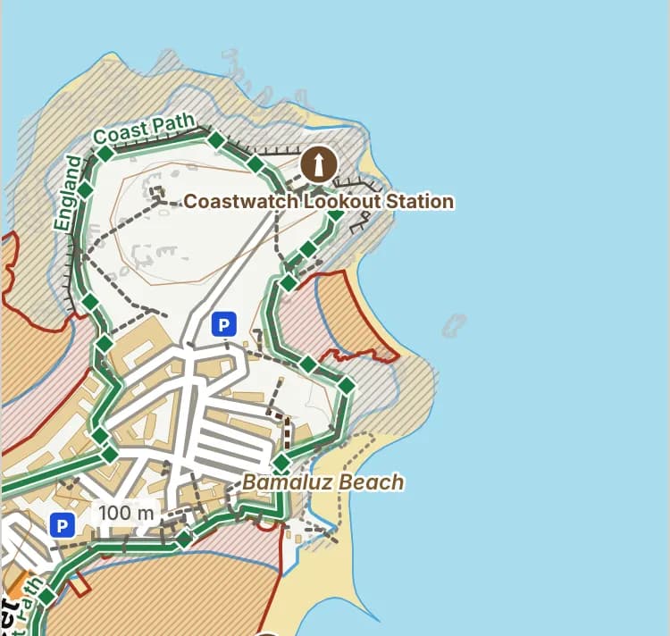 Map of Porthgwidden Beach: the stretch where dogs are banned 1 July to 31 August is hatched in brick. Beaches we have not placed an order on are outlined in grey dots, and say nothing about dogs.