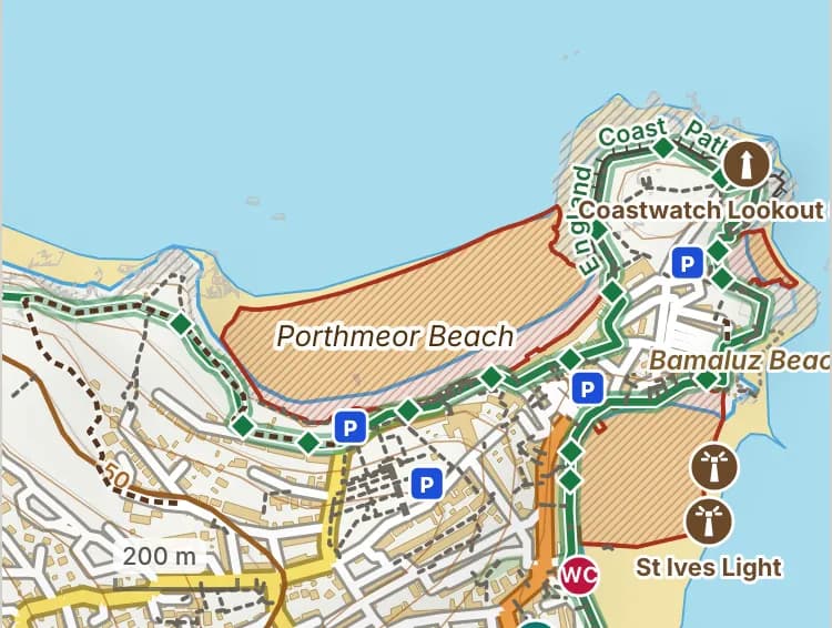 Map of Porthmeor Beach: the stretch where dogs are banned 15 May to 30 September is hatched in brick. Beaches we have not placed an order on are outlined in grey dots, and say nothing about dogs.