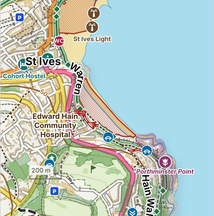 Map of Porthminster Beach: the stretch where dogs are banned 15 May to 30 September is hatched in brick.