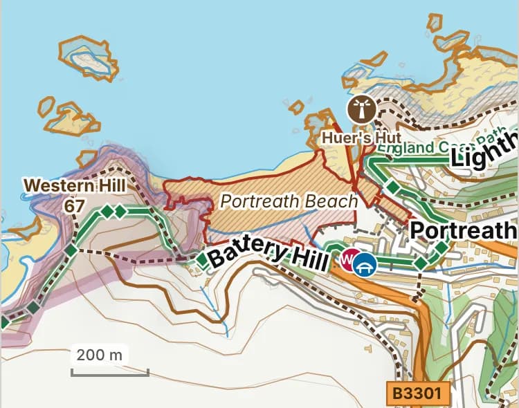 Map of Portreath Beach: the stretch where dogs are banned 1 July to 31 August is hatched in brick.