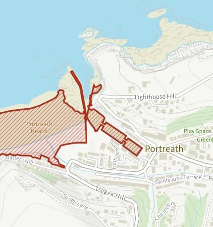 Map of Portreath harbour: the stretch where dogs are banned 1 July to 31 August is hatched in brick.