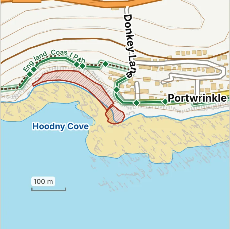 Map of Portwrinkle harbour: the stretch where dogs are banned 1 July to 31 August is hatched in brick.
