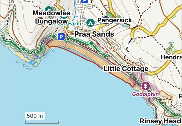 Map of Praa Sands: the stretch where dogs are banned 1 July to 31 August is hatched in brick.