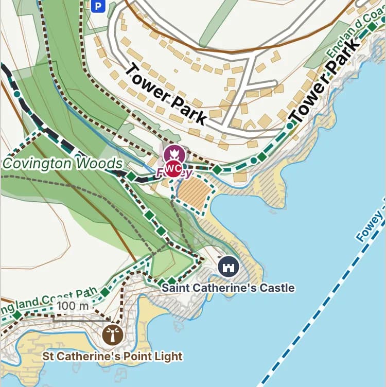 Map of Readymoney Cove: the stretch where dogs are banned 1 July to 31 August is hatched in brick.