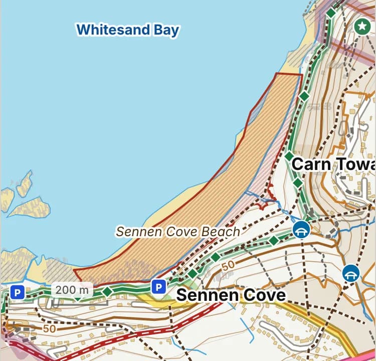 Map of Sennen Beach: the stretch where dogs are banned 15 May to 30 September is hatched in brick. Beaches we have not placed an order on are outlined in grey dots, and say nothing about dogs.