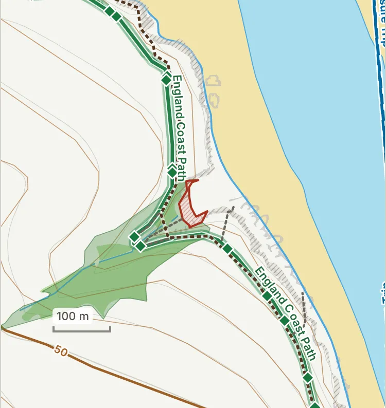 Map of St George’s Well: the stretch where dogs are banned 1 July to 31 August is hatched in brick.
