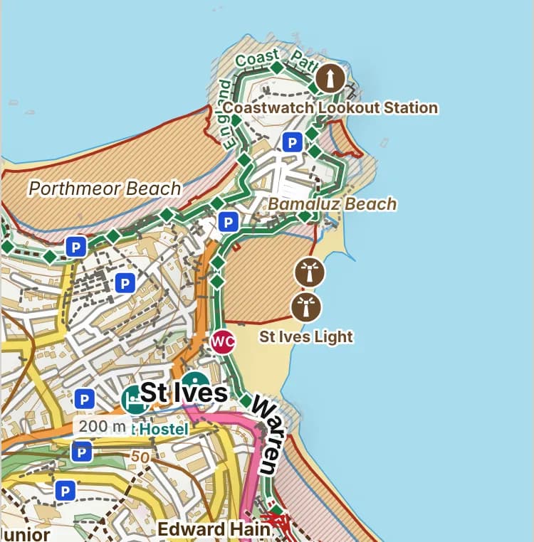 Map of Harbour Beach: the stretch where dogs are banned 1 July to 31 August is hatched in brick. Beaches we have not placed an order on are outlined in grey dots, and say nothing about dogs.