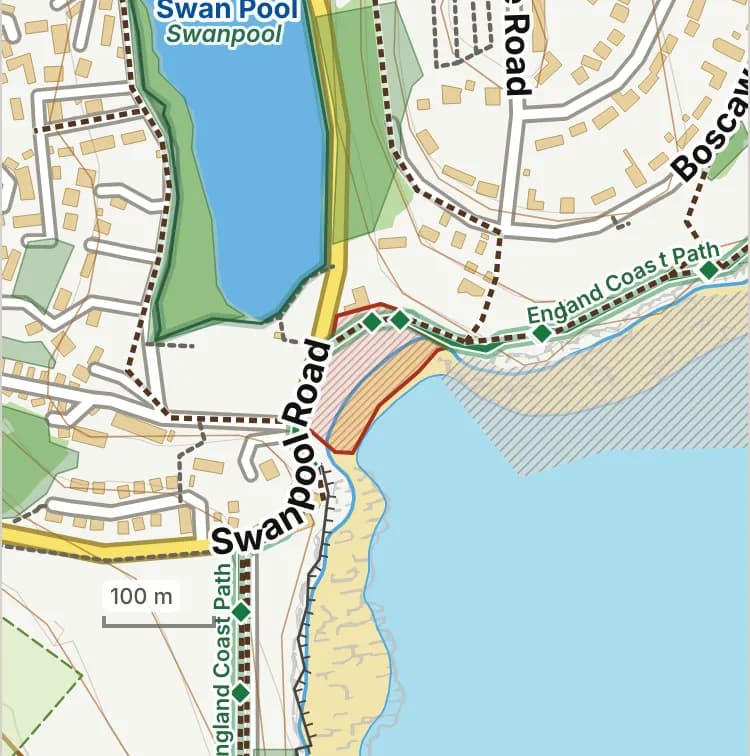 Map of Swanpool Beach: the stretch where dogs are banned 1 July to 31 August is hatched in brick.