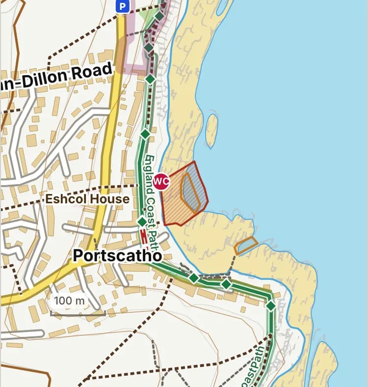 Map of Tattam’s Beach: the stretch where dogs are banned 1 July to 31 August is hatched in brick.