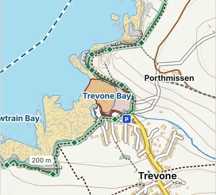 Map of Trevone Beach: the stretch where dogs are banned 15 May to 30 September is hatched in brick.