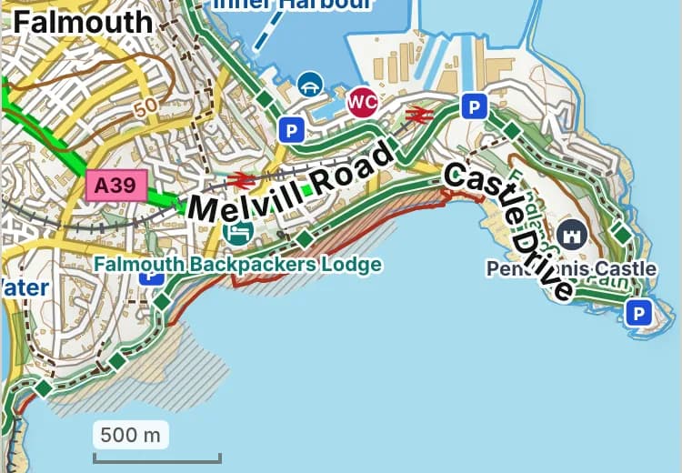 Map of Tunnel Beach: the stretch where dogs are banned 1 July to 31 August is hatched in brick.