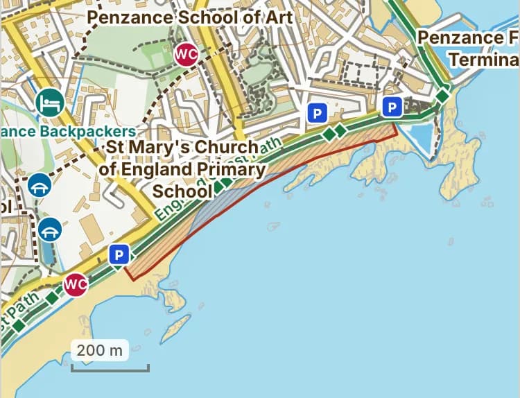 Map of Wherry Town to Battery Rocks: the stretch where dogs are banned 1 July to 31 August is hatched in brick.