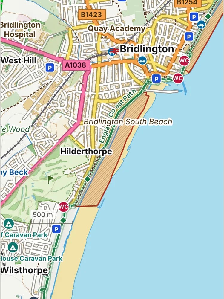 Map of South Beach: the stretch where dogs are banned 1 May to 30 September is hatched in brick.