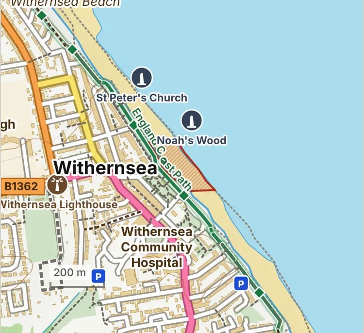 Map of Withernsea beach: the stretch where dogs are banned 1 May to 30 September is hatched in brick. Beaches we have not placed an order on are outlined in grey dots, and say nothing about dogs.