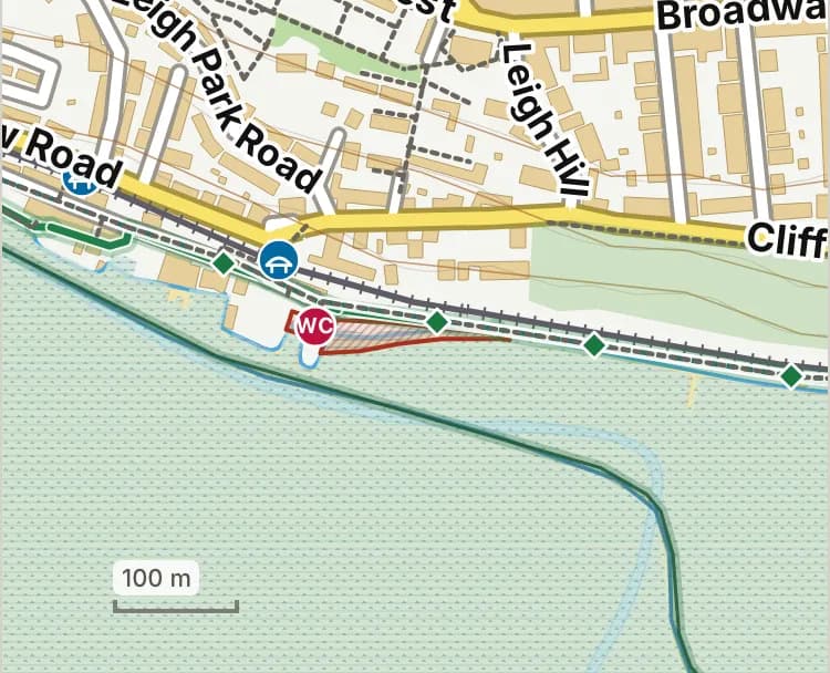 Map of Bell Wharf Beach: the stretch where dogs are banned 1 May to 30 September is hatched in brick.