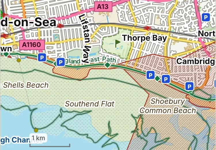Map of Southend Beach: the stretch where dogs are banned 1 May to 30 September is hatched in brick.