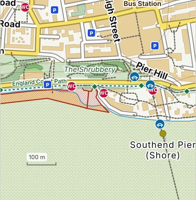 Map of Three Shells Beach: the stretch where dogs are banned 1 May to 30 September is hatched in brick.
