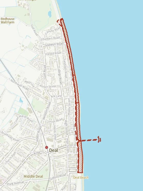 Map of Deal beach: the stretch where dogs are banned 1 May to 30 September is hatched in brick, and sandown castle gardens and the promenade and deal pier, where dogs must be on a lead all year, has a dashed brick edge.