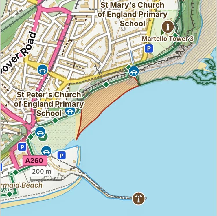 Map of Sunny Sands: the stretch where dogs are banned 1 May to 30 September is hatched in brick, and sunny sands promenade, where dogs must be on a lead 1 May to 30 September, has a dashed brick edge. Beaches we have not placed an order on are outlined in grey dots, and say nothing about dogs.