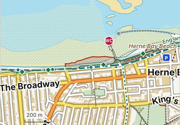 Map of Herne Bay beach: the stretch where dogs are banned 1 May to 30 September is hatched in brick, and the promenade, pier to lane end and the promenade, neptune jetty to the pier, where dogs must be on a lead 1 May to 30 September, has a dashed brick edge. Beaches we have not placed an order on are outlined in grey dots, and say nothing about dogs.