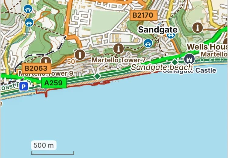 Map of Sandgate beach: the stretch where dogs are banned 1 May to 30 September is hatched in brick, and the promenade, where dogs must be on a lead 1 May to 30 September, has a dashed brick edge. Beaches we have not placed an order on are outlined in grey dots, and say nothing about dogs.