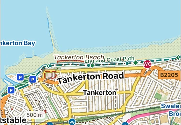 Map of Tankerton beach: the stretch where dogs are banned 1 May to 30 September is hatched in brick, and tankerton promenade, where dogs must be on a lead all year, has a dashed brick edge.