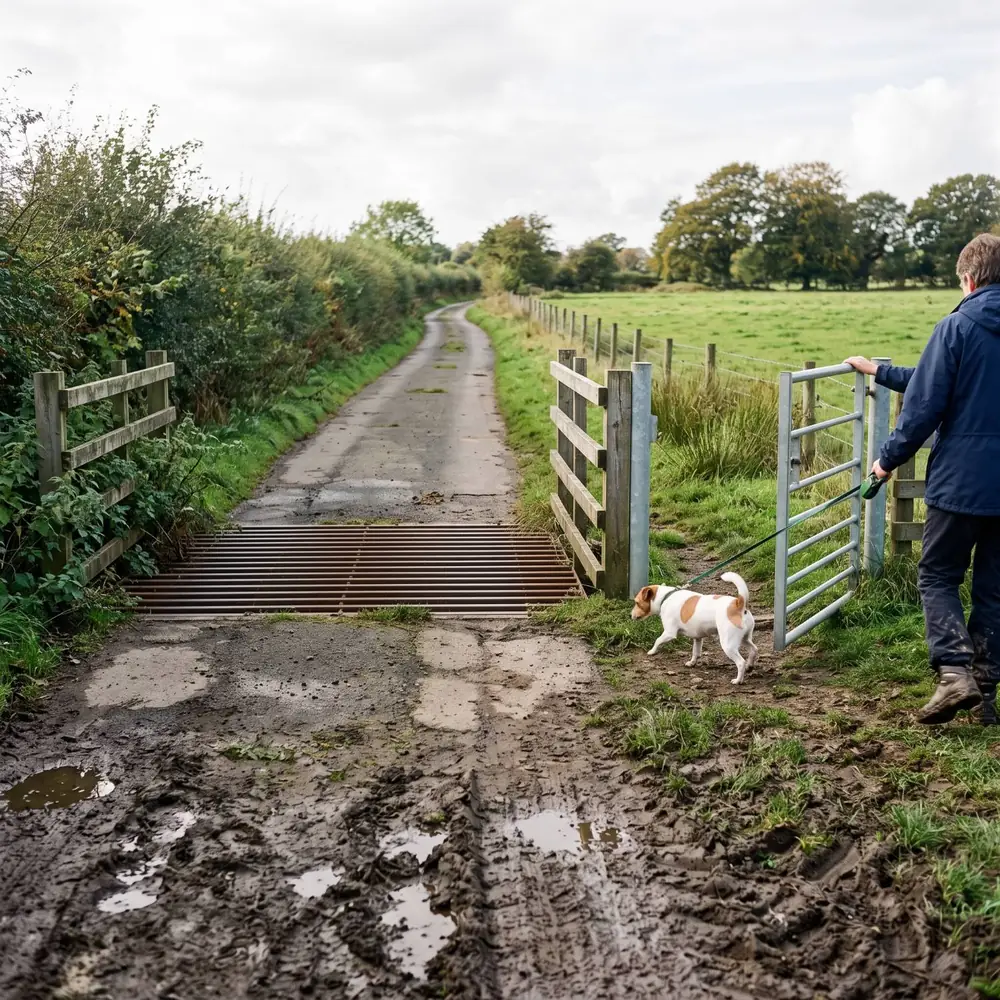 A Jack Russell on a lead going through an open metal gate beside a cattle grid on a farm track