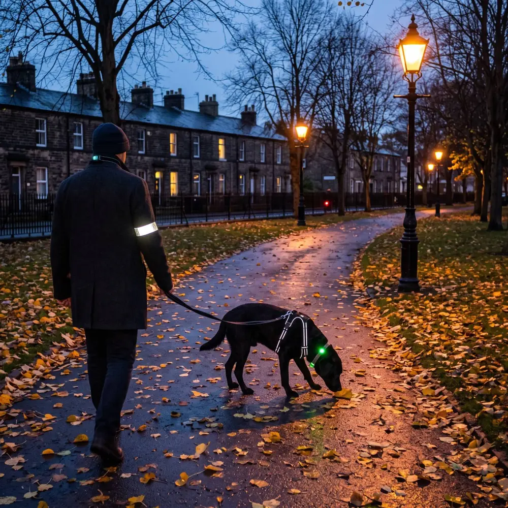 A black labrador in a reflective harness on a lead on a lamplit park path at dusk