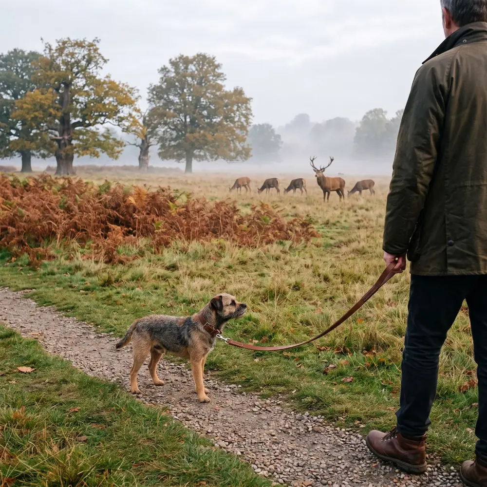 A border terrier on a short lead on a park path in autumn mist, a red deer stag and hinds far off across the grass