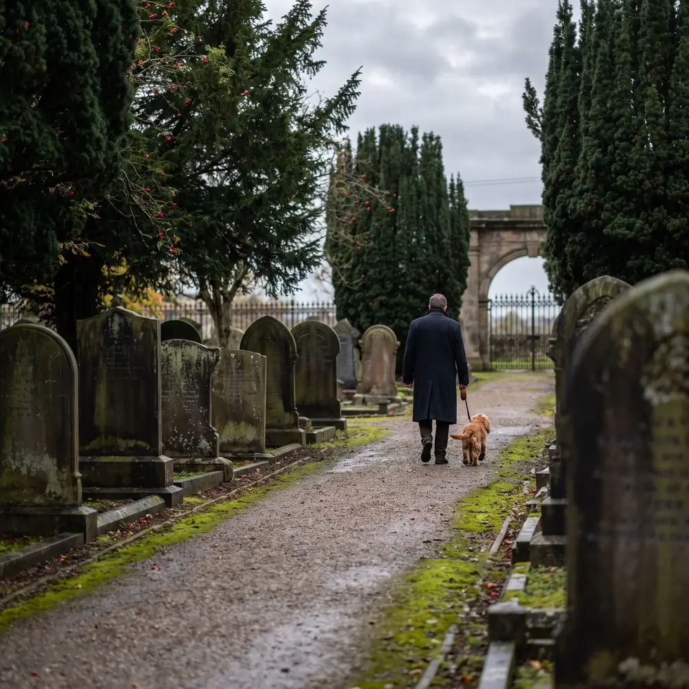 A cocker spaniel on a short lead on a gravel path between headstones in a town cemetery
