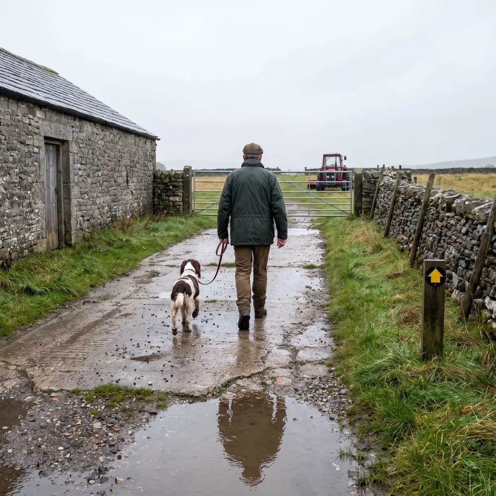 A springer spaniel on a short lead beside its owner, walking along a farm track towards a closed field gate, a yellow arrow on a waymark post beside the stone wall