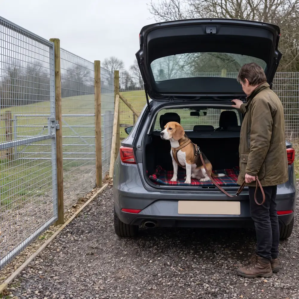 A beagle in a harness sitting in the open boot of a car in a gravel car park beside the tall mesh fence of a dog field