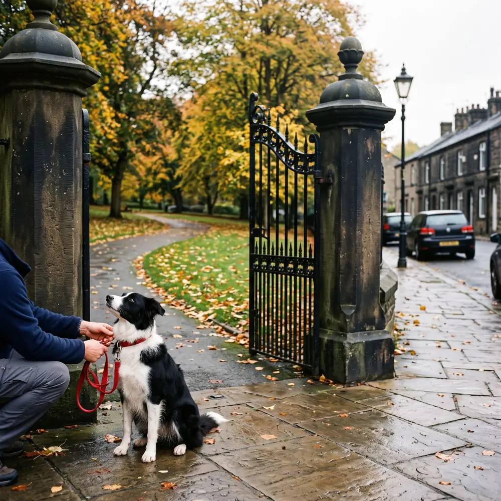 A border collie sitting at an open park gate while its owner clips on the lead before the street
