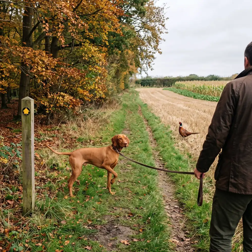A vizsla on a lead on a woodland-edge footpath, a cock pheasant at the edge of a stubble field
