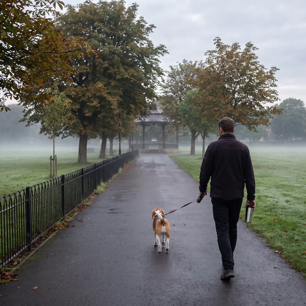 A beagle on a lead on an empty park path in early morning mist, nobody else in sight