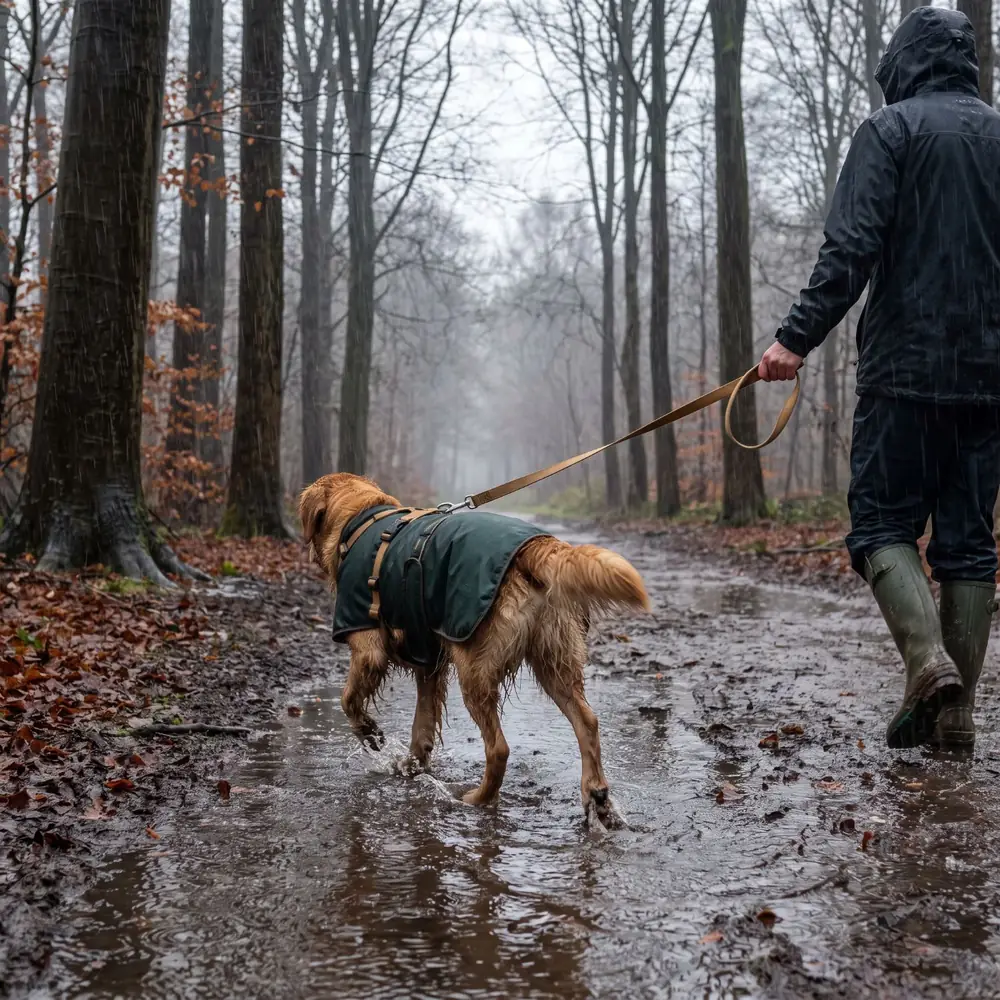 A wet golden retriever in a green dog coat on a lead, splashing through a puddle on a beech woodland path in heavy rain
