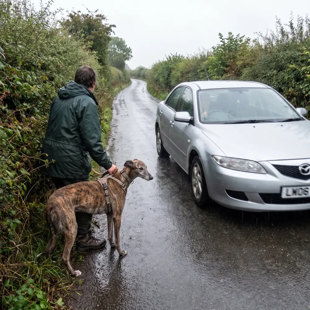 A greyhound on a short lead pressed into the hedge of a narrow lane with no pavement as a car passes