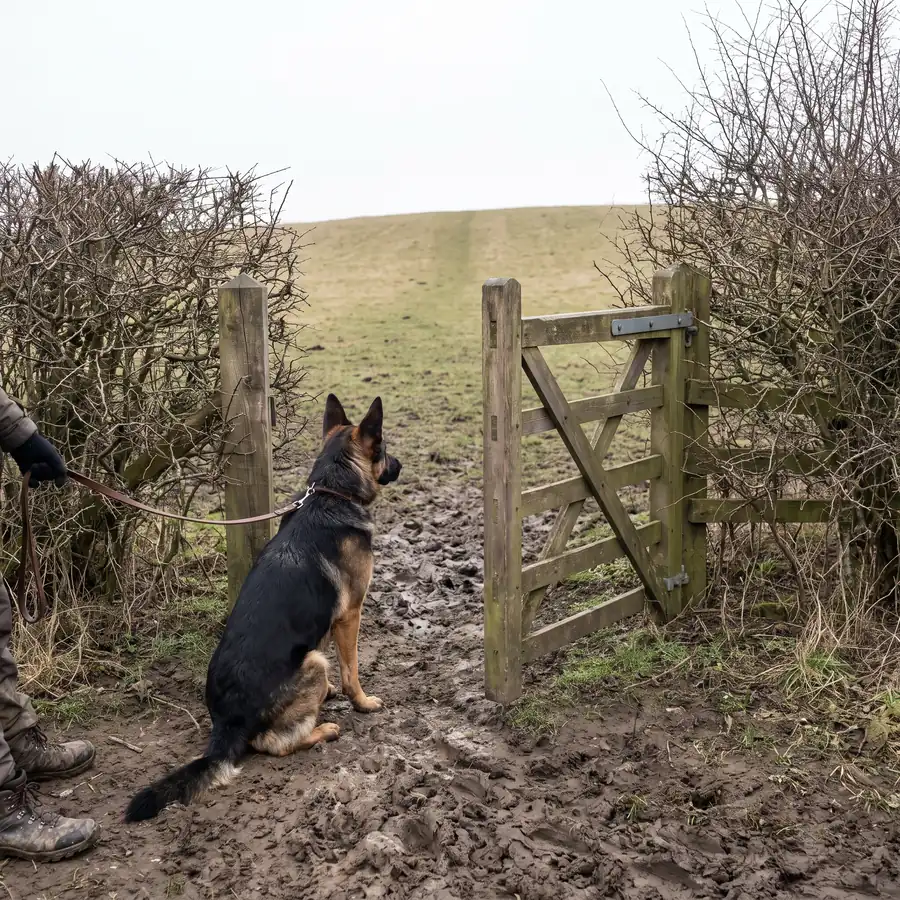 A German shepherd on a lead sitting at a half-open kissing gate, the field beyond rising so that nothing past the crest can be seen