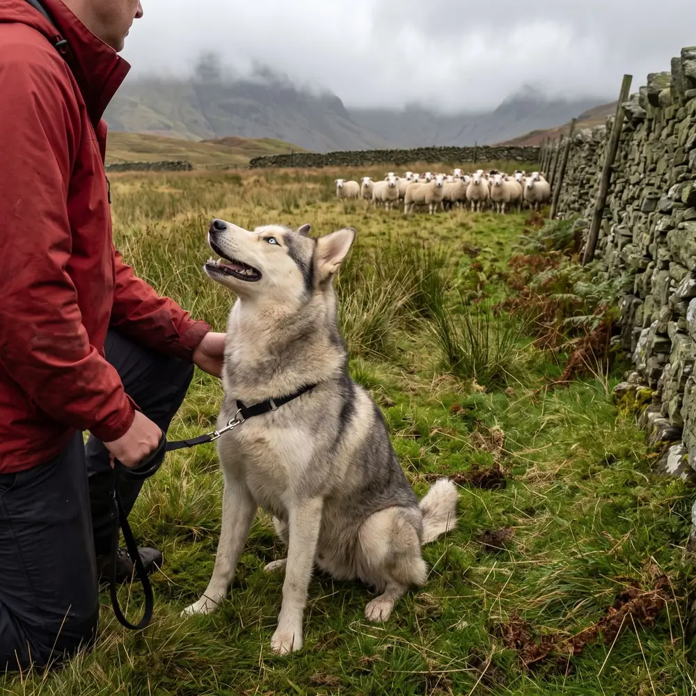A husky sitting on a short lead beside its owner by a dry-stone wall, a flock of sheep bunched further along the field