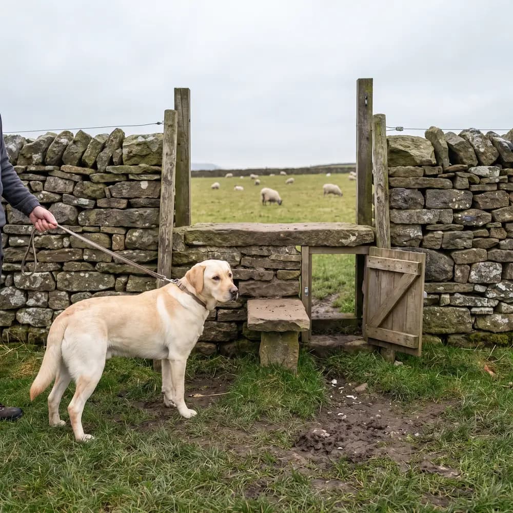 A labrador on a lead at the foot of a stone stile in a dry-stone wall, with a small dog flap beside it