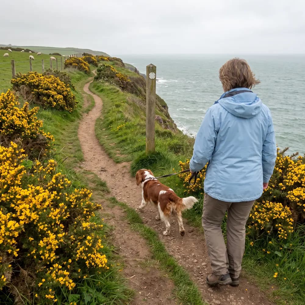A Welsh springer spaniel on a lead on a gorse-lined coastal path above the sea in Pembrokeshire