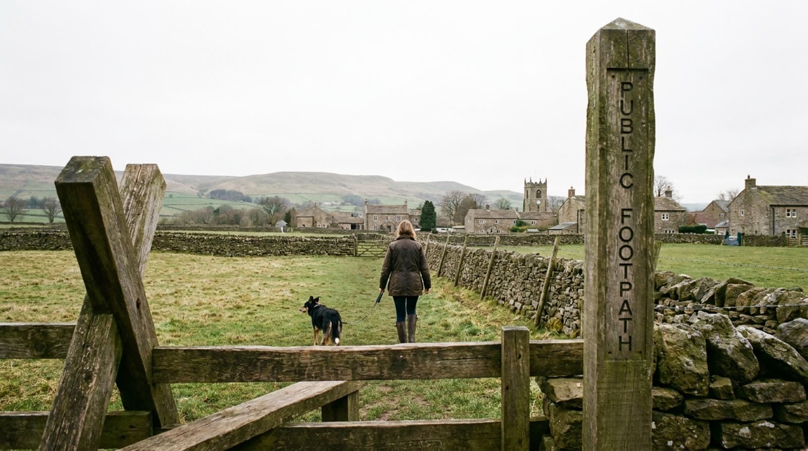 A stile and a carved public footpath post in the foreground, a path running across pasture towards a stone village with a church tower, hills beyond.