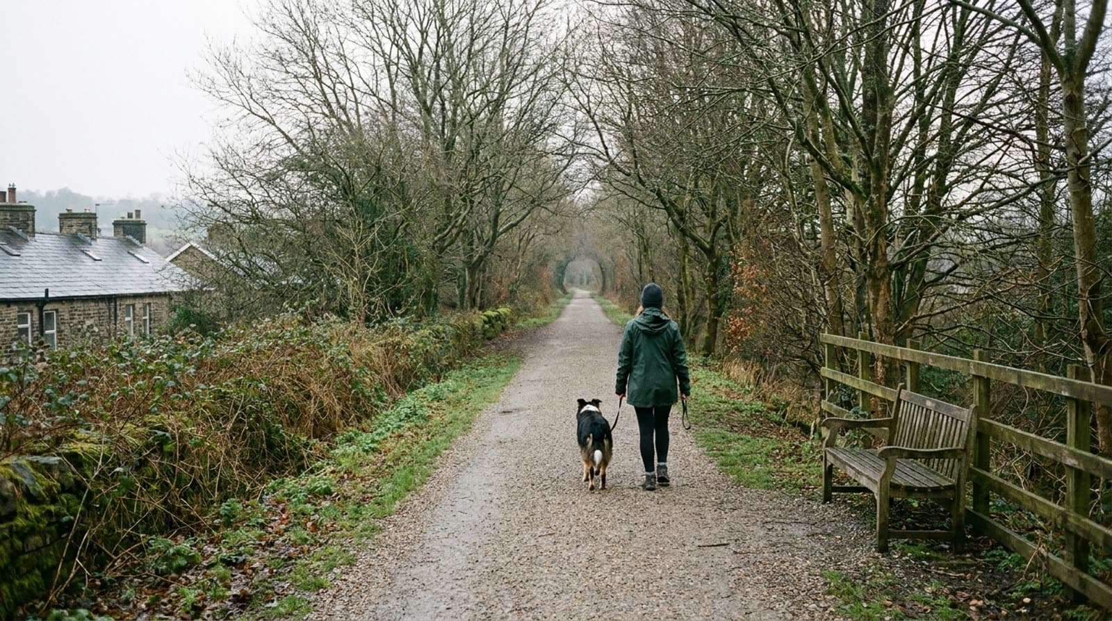 A converted railway path running away between bare trees, stone terraced houses just visible on the left, a bench and a fence on the right. A woman walks it with a dog on a lead.