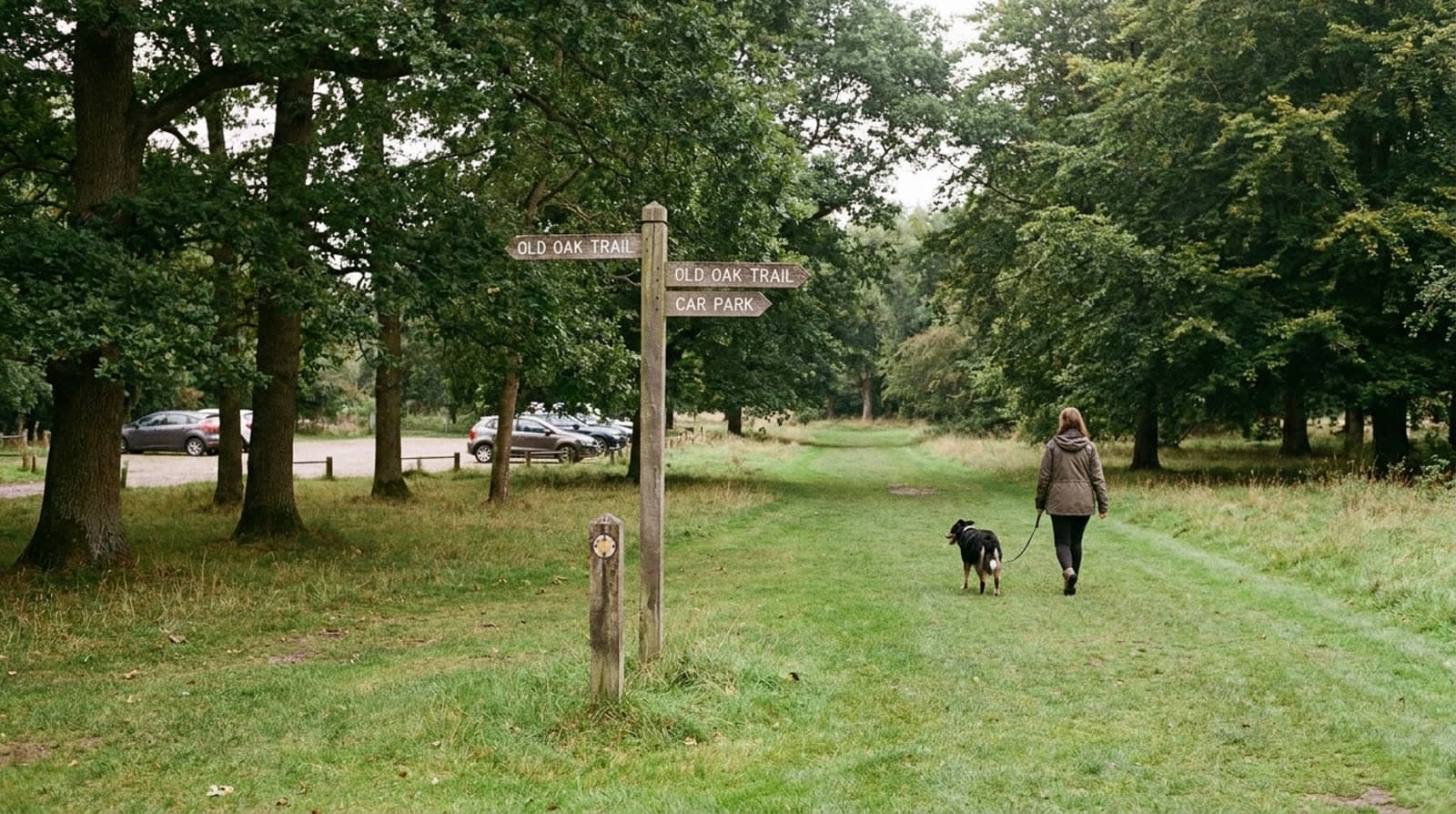 A mown path through a country park between mature oaks, a wooden fingerpost pointing to the trail and the car park, and cars parked among the trees. A woman walks the path with a dog on a lead.