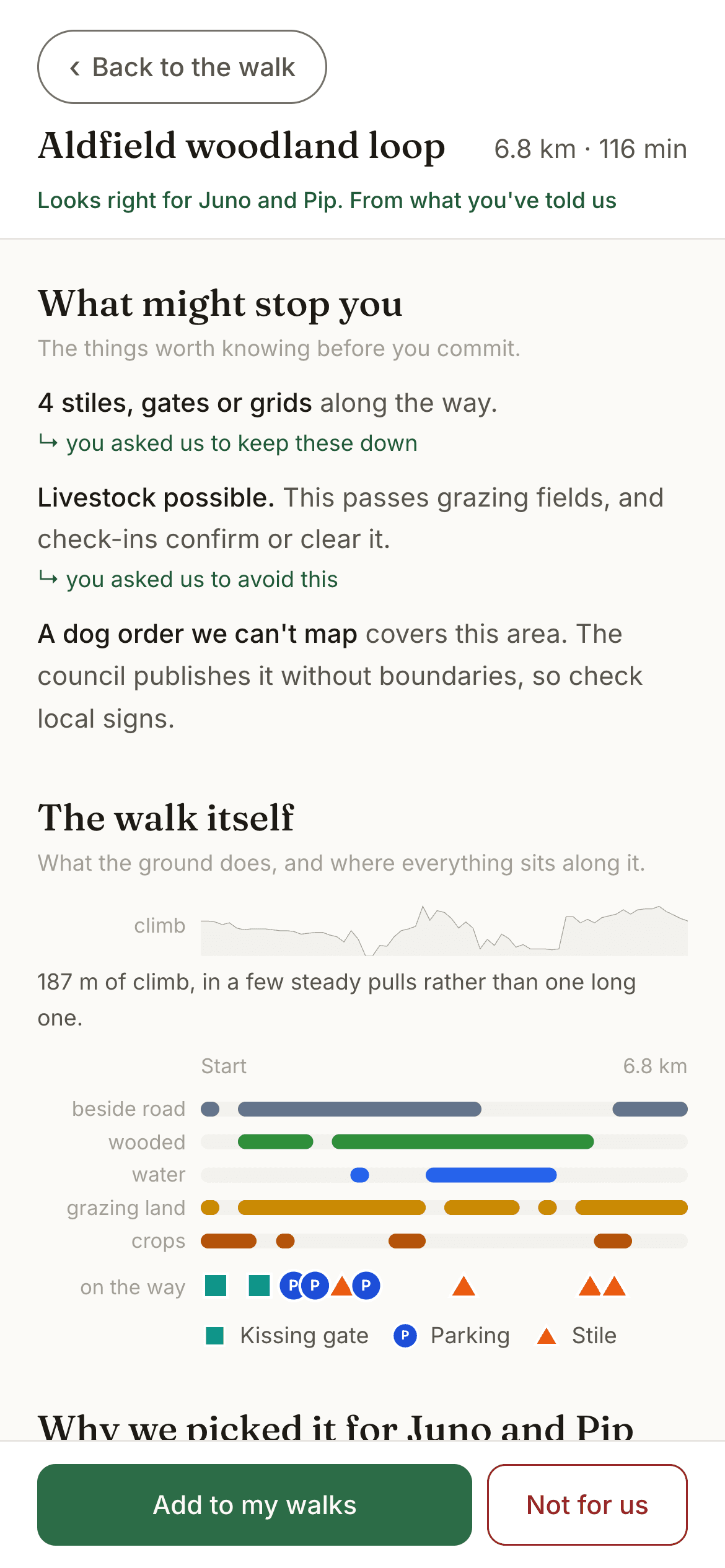 A section headed what might stop you: four stiles, gates or grids along the way, livestock possible where the walk passes grazing fields, and a dog order the council publishes without boundaries so it cannot be mapped.