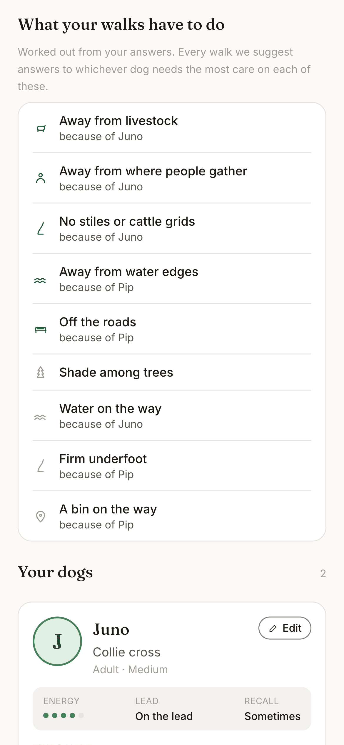 A page headed what your walks have to do, listing away from livestock because of Juno, away from where people gather because of Juno, no stiles or cattle grids because of Juno, away from water edges because of Pip, off the roads because of Pip, and shade among trees.