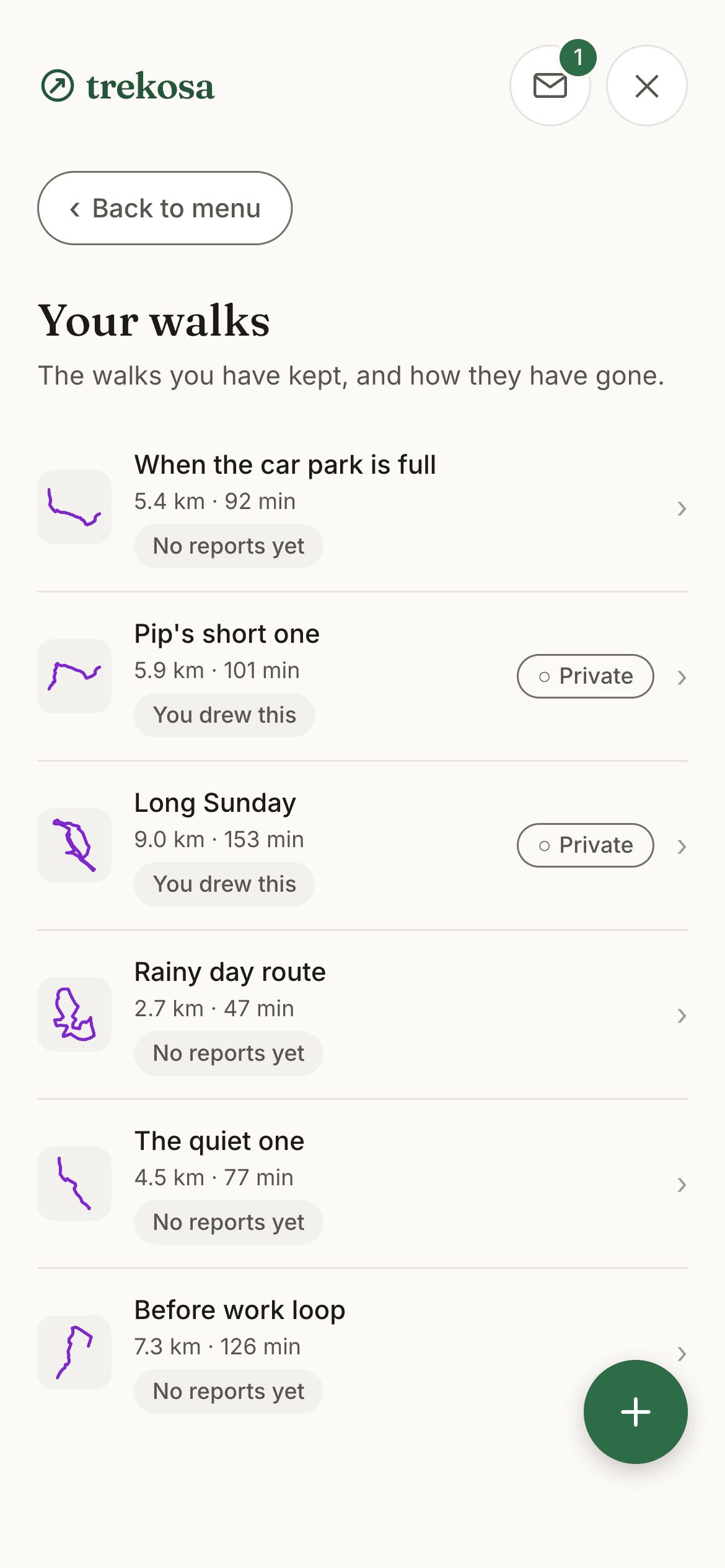 A list headed your walks, with kept walks named when the car park is full, Pip's short one, Long Sunday and rainy day route, each showing its shape as a small purple line, its distance and time, and a label reading no reports yet or you drew this.