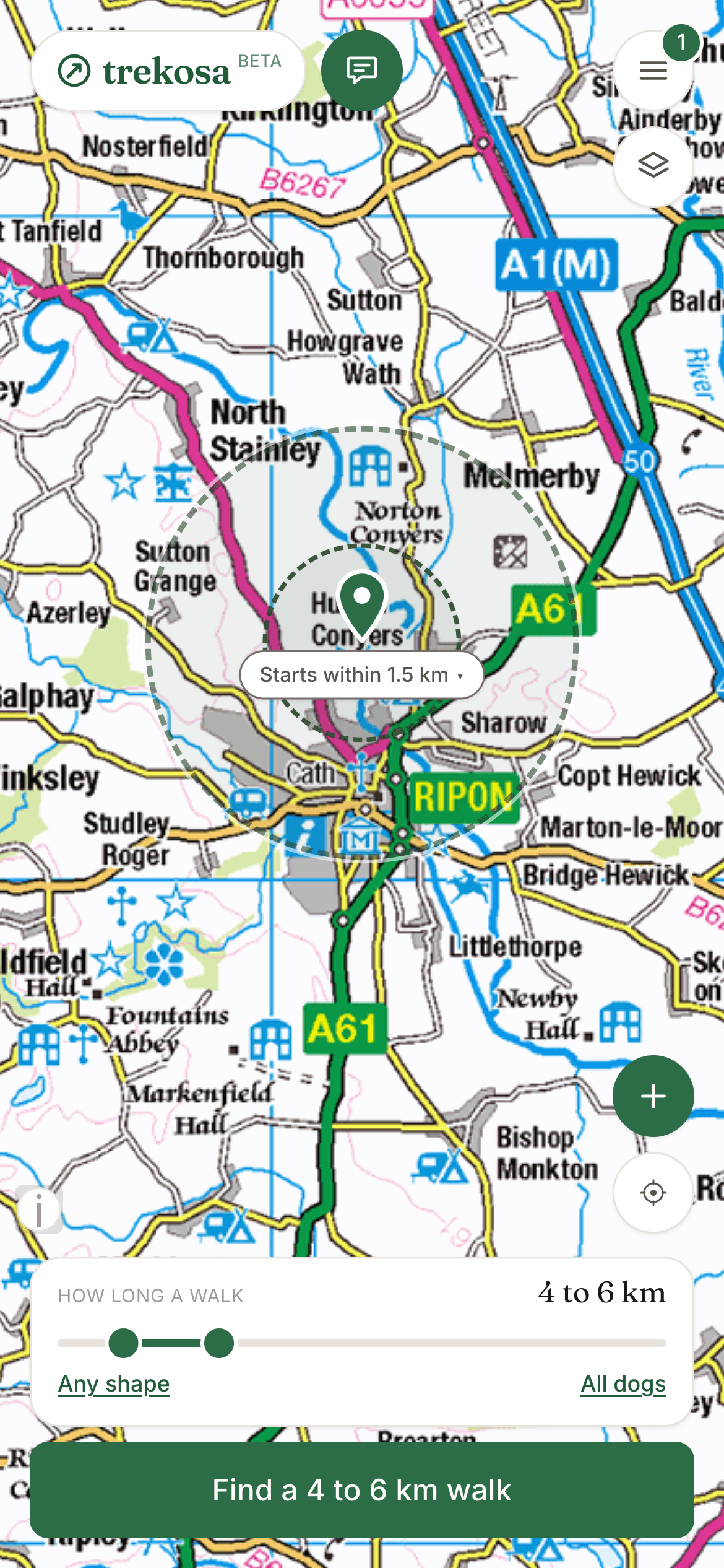 An Ordnance Survey map around Ripon with a pin dropped and a dashed circle around it reading starts within 1.5 kilometres. Below, a range slider set to 4 to 6 kilometres and a button reading find a 4 to 6 km walk.