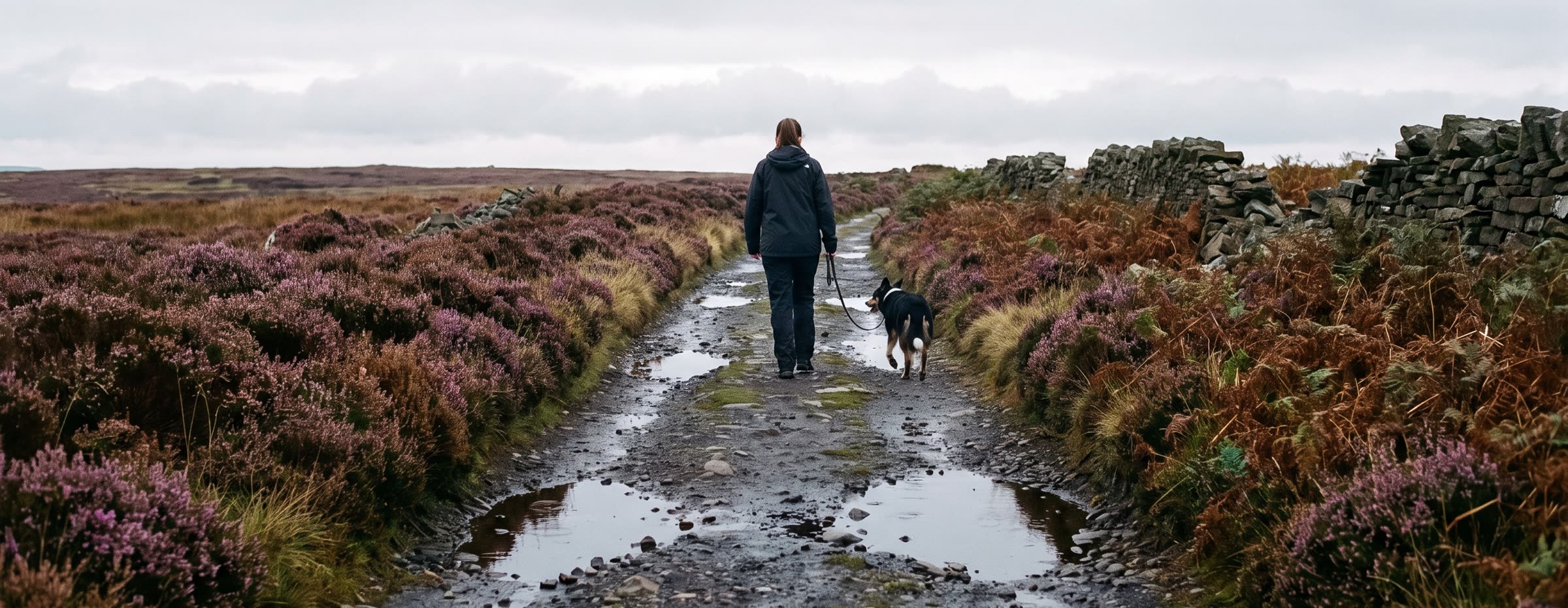A wet stony track running away over a moor between heather in flower and a drystone wall, puddles standing in the ruts, under a pale overcast sky. A woman walks away from the camera with a dog on a lead beside her.